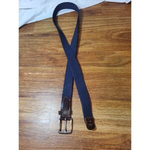 LANDS' END mens XL 40-42 Elastic Braid BELT Navy Blue Woven STRETCH + leather